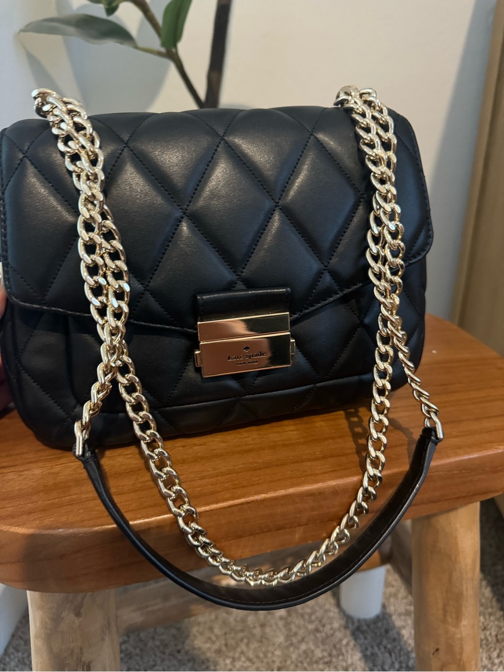 kate spade Black Quilted Leather Chain Crossbody with Gold Hardware